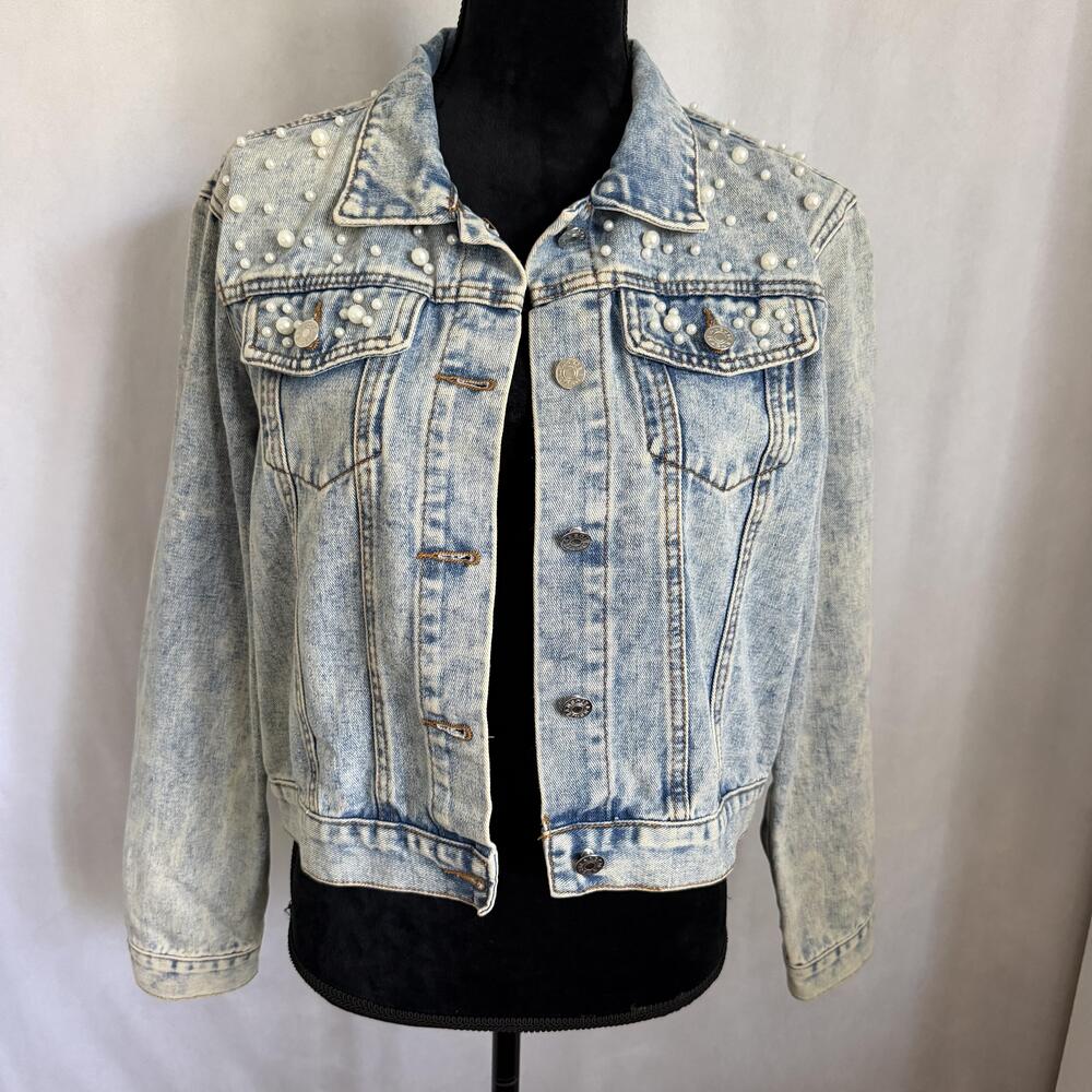 Jean Jacket Womens S Blue Pearl Beaded Denim Button Front Jean Embellished